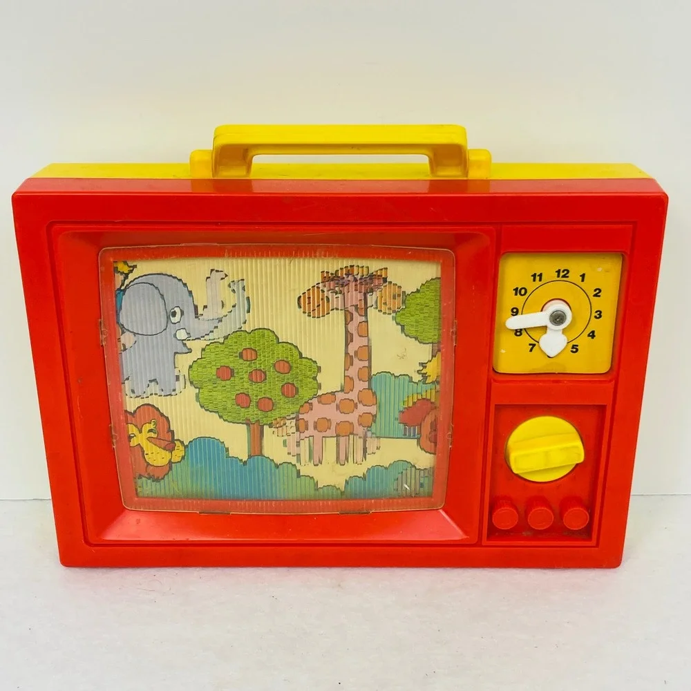 Vintage Blue-Box Musical Toy TV Wind Up Scrolling Jungle Animals Red Yellow 1970